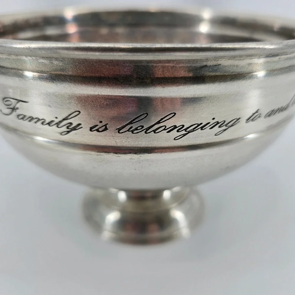 Pottery Barn Engraved Family Is Belonging Pedestal Bowl Home Decor Silver 6in